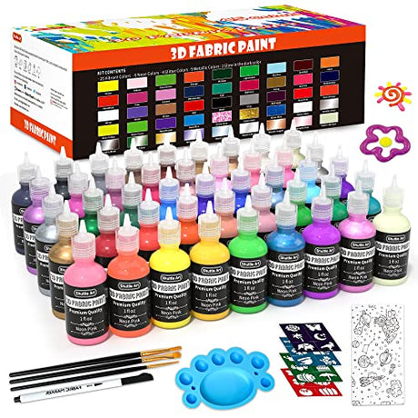Shuttle Art Fabric Paint Set, 45 Colors 3D Permanent Paint with Brushes Palette Fabric Pen Fabric Sheet Stencils, Glow in The Dark, Glitter,Metallic Shuttle Art