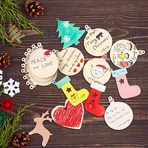 TONAK Unfinished Wood Pieces Wooden Ornaments Christmas Crafts Supplies for Kids Predrilled Blank Hearts Tree Round Wood Slices to Paint DIY TONAK