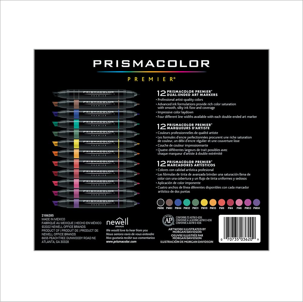 Prismacolor Premier Double-Ended Art Markers, Fine and Chisel Tip, 12 Pack Prismacolor