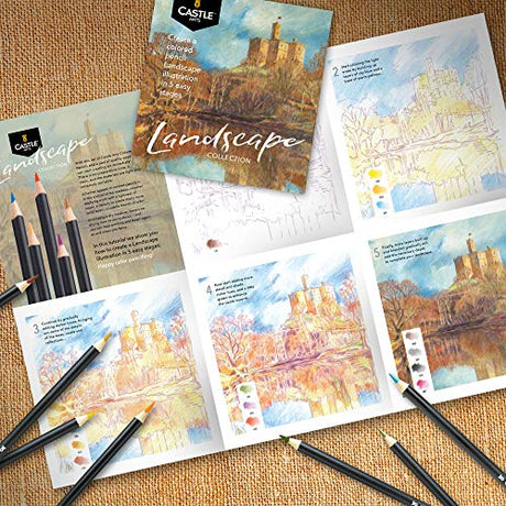 Castle Arts Themed 24 Colored Pencil Set in Tin Box, perfect colors for ‘Landscapes’. Featuring quality, smooth colored cores, superior blending & Castle Art Supplies