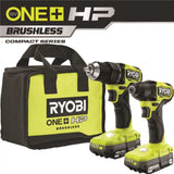 Ryobi ONE+ HP 18V Brushless Cordless Compact 1/2 in. Drill and Impact Driver Kit with (2) 1.5 Ah Batteries, Charger and Bag RYOBI