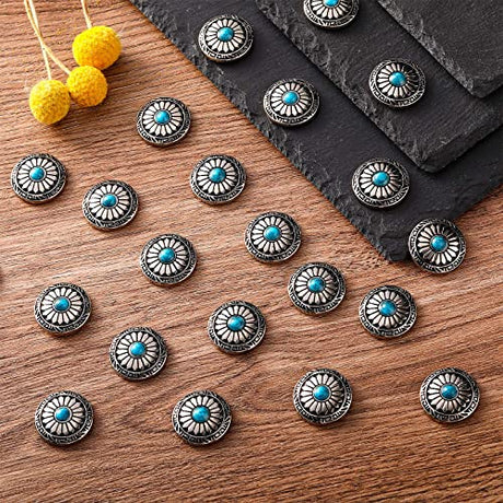 Janinka 24 Pcs Faux Turquoise Round Conchos Sunflower Decorative Buckle Metal Sunflower Buttons Screw Back Buttons for DIY Craft Leather Belt, Silver Janinka