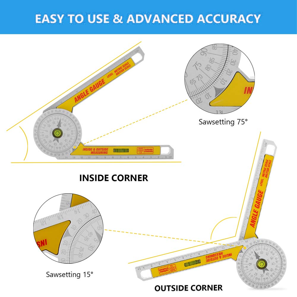 Miter Saw Protractor Angle Ruler, 360 Degree Measure Tool,Angle Finder Gauge with High Accuracy Bubble Level for Carpenters and All Building Trades - WoodArtSupply