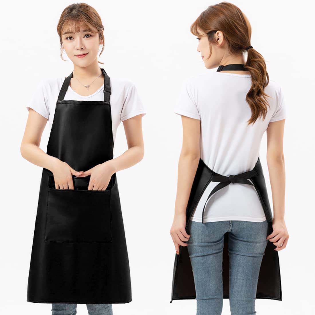 RUIFYRAY Black Vinyl Leather Apron with Pockets for Women, Waterproof for Kitchen, Cooking, Dishwashing, Dog Grooming - WoodArtSupply