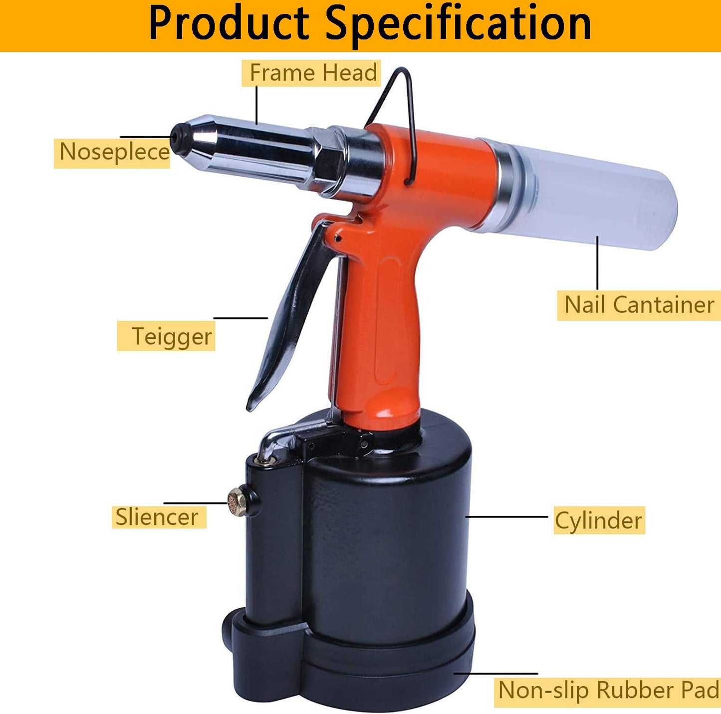 Wadoy Pneumatic Air Riveter Pop Rivet Gun Tool Kit, with 1/4" 3/16" 5/32" 1/8" and 3/32" Nose Pieces, Heavy Duty Air Hydraulic Rivet Gun - WoodArtSupply