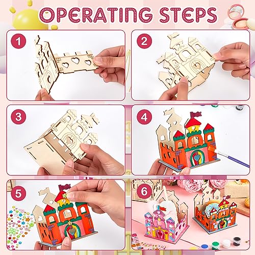 Zhanmai 24 Set Paint Wooden Castle Crafts Kit DIY Princess Castle Wooden Crafts Kit with Paint Brushes and Rhinestone Stickers for Kids Girls - WoodArtSupply