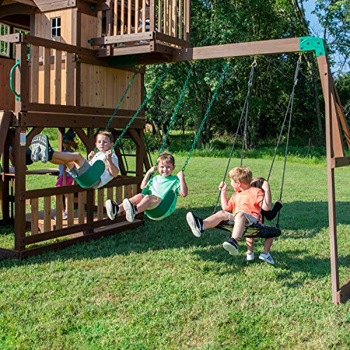 Backyard Discovery Skyfort All Cedar Swing Set, Elevated Covered Wood Roof Clubhouse with Bay Windows, 2 Belt Swings, Web Swing, 10ft Wave Slide, 5