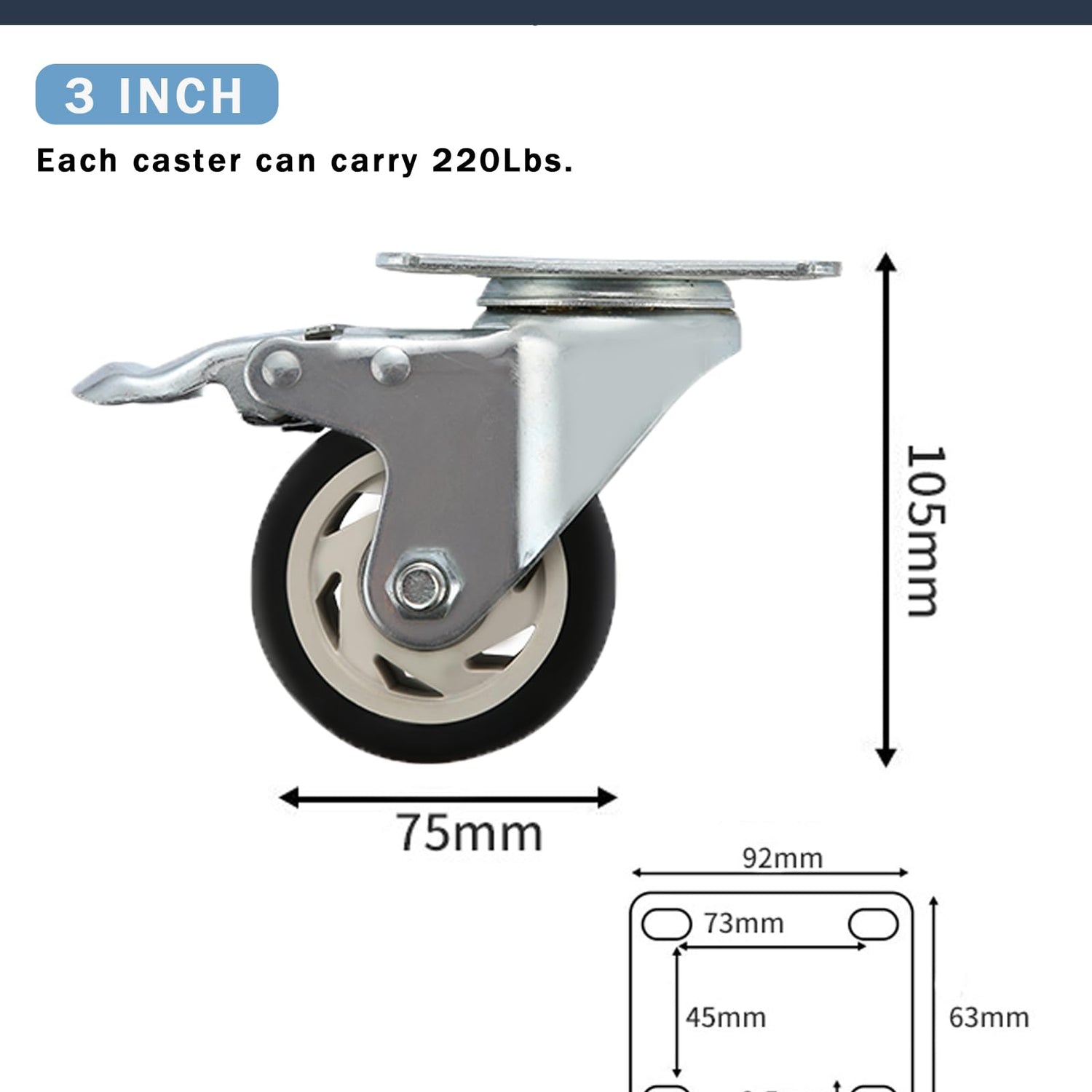 AOTAISP 3 Inch Heavy Duty Casters Load1000lbs Bearing Plate Caster Wheels, 360-degree Soft Rubber Swivel Casters for Furniture and Workbench Cart, AOTAISP