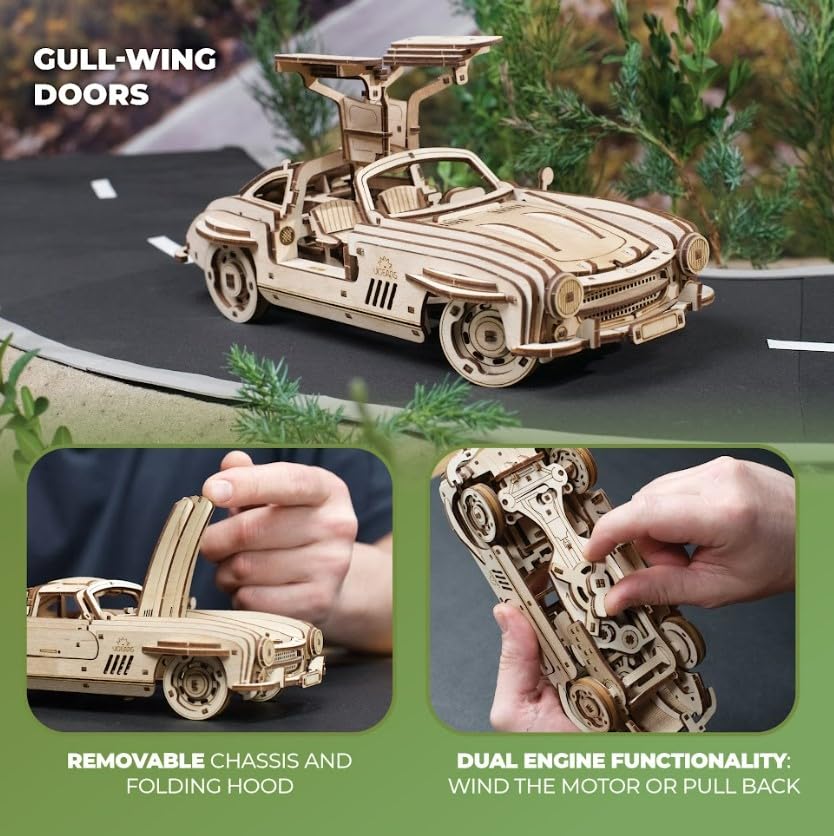 UGEARS Winged Sports Coupe Model Car Kit - 3D Wooden Puzzle Car –Model Kit for Adults to Build - DIY Wooden Car Model Kit with Authentic Gull-Wing UGEARS