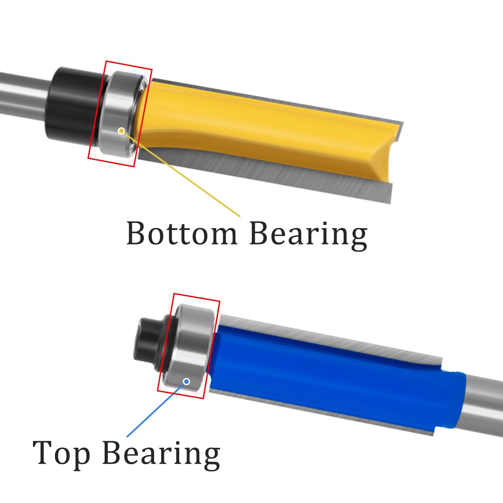 AzReference 16 PCS Flush Trim Router Bit Set, 1/4 Inch Shank, Carbide Bits with Top Bearing for Woodworking, 1/2" Cutting Diameter, Tear-Out - WoodArtSupply