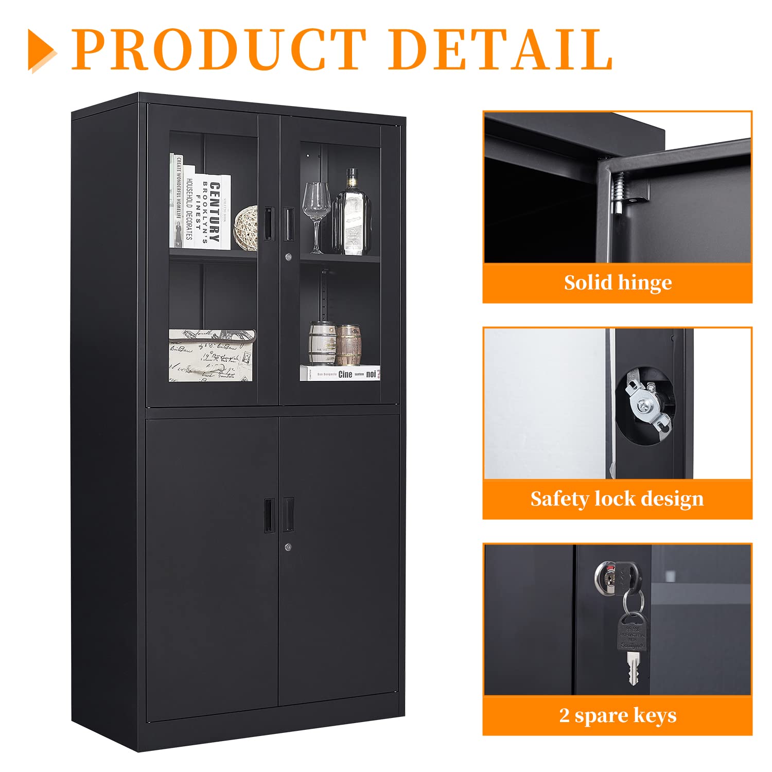 Anxxsu Black Metal Storage Cabinet with Glass Doors, 71" Locking Glass Door Cabinet with 2 Adjustable Shelves, Steel Storage Cabinet with 4 Doors for Anxxsu