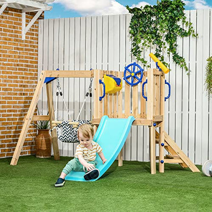 Outsunny 3 in 1 Wooden Swing Set Outdoor Playset with Baby Swing Seat, Toddler Slide, Captain's Wheel, Telescope, Kids Backyard Playground Equipment,