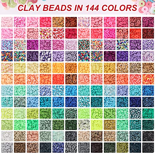 QUEFE 15000pcs, 144 Colors Clay Beads, Charm Bracelet Making kit for Girls 8-12, Polymer Heishi Beads for Jewelry, for Crafts Christmas Gifts QUEFE