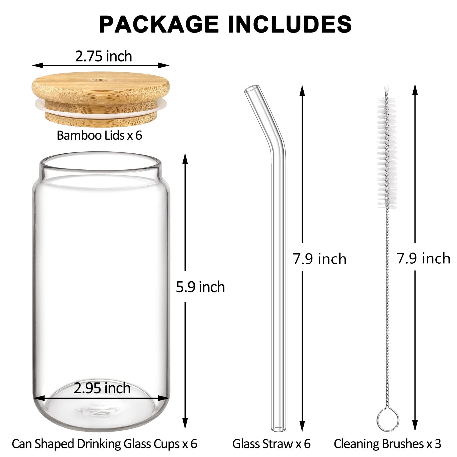 Gavoyeat Drinking Glasses with Bamboo Lids and Straw Set of 6, 16oz Glass Cups with Lids and Straws Beer Glass Iced Coffee Glasses Cute Tumbler Cup - WoodArtSupply