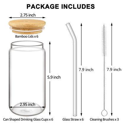 Gavoyeat Drinking Glasses with Bamboo Lids and Straw Set of 6, 16oz Glass Cups with Lids and Straws Beer Glass Iced Coffee Glasses Cute Tumbler Cup - WoodArtSupply