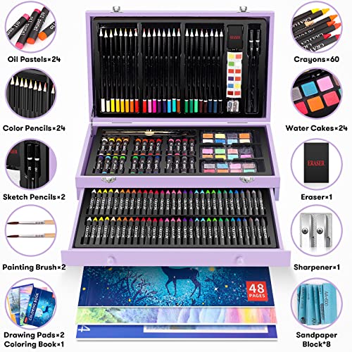 iBayam Art Supplies, 150-Pack Deluxe Wooden Art Set Crafts Drawing Painting Kit with 1 Coloring Book, 2 Sketch Pads, Creative Gift Box for Adults iBayam