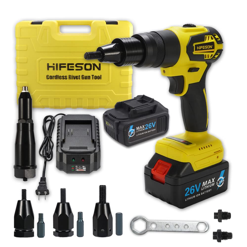 HIFESON Cordless Rivet Gun Tool, 26V Electric Automatic Rivet & Rivet nut Two Functions Professional Kit with 2pcs Battery & Charger (3/16", 5/32", HIFESON