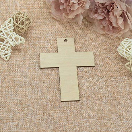 JANOU 20pcs Cross Shaped Wood DIY Craft Cutouts Cross Unfinished Wood Gift Tags Ornaments with Ropes for Wedding Birthday Happy Easter Party JANOU
