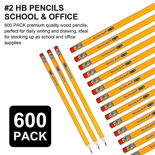 Shuttle Art Pencils and Erasers Bundle, Set of 600 Pack Sharpened Yellow Pencils + 72 Pack Premium White Erasers Bulk Shuttle Art