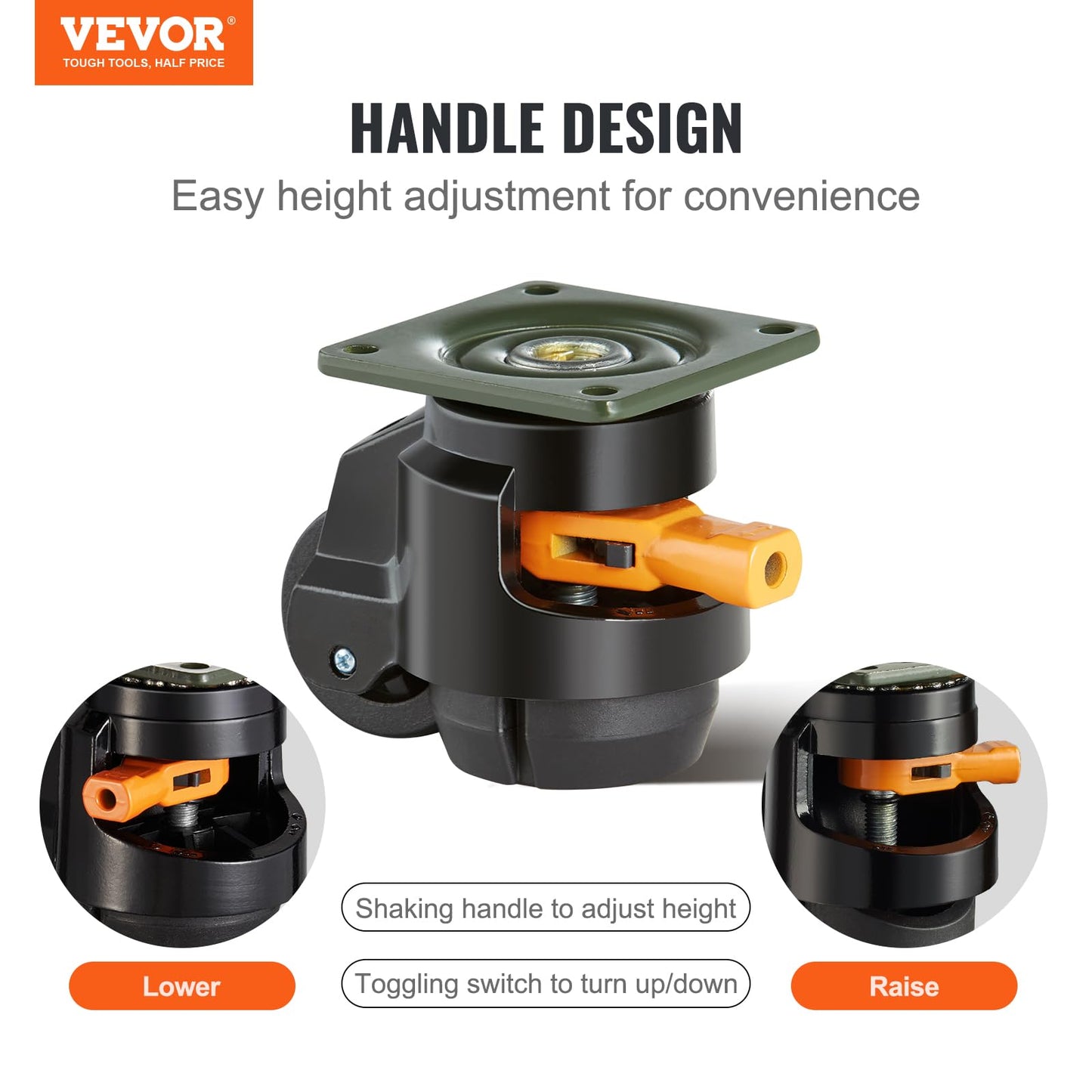 VEVOR Leveling Casters, Set of 4, 2200 lbs Total Load Capacity, 2 inches, Heavy Duty with Upgraded Handle Design, 360 Degree Swivel Caster Wheels,