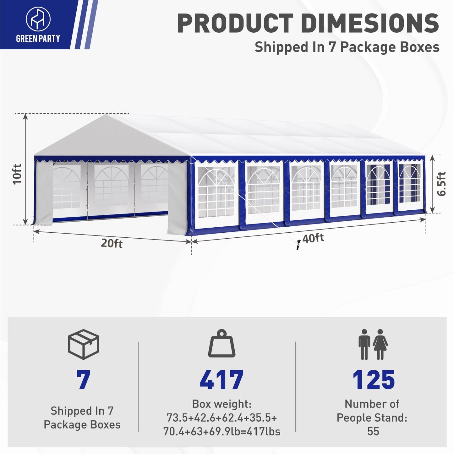 GREEN PARTY 20x40FT Party Tent Heavy Duty, Large Wedding Event Shelters with 7 Carry Bags & Removable Sidewalls, Outdoor Canopy Gazebo Commercial