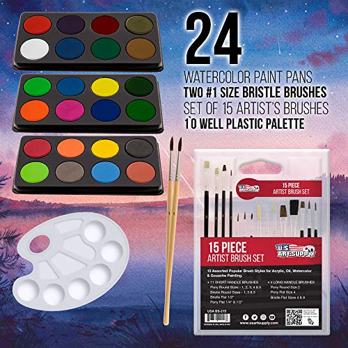 U.S. Art Supply 102-Piece Deluxe Art Creativity Set with Wooden Case - Artist Painting, Sketching and Drawing Set, 24 Watercolor Paint Colors, 17