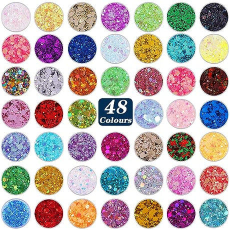 ANGXILIN Chunky&fine Mixed 48 Assorted Colors Glitter,Holographic Chunky Glitter for Epoxy Resin DIY Craft,Iridescent Chunky Glitter for Face Body ANGXILIN