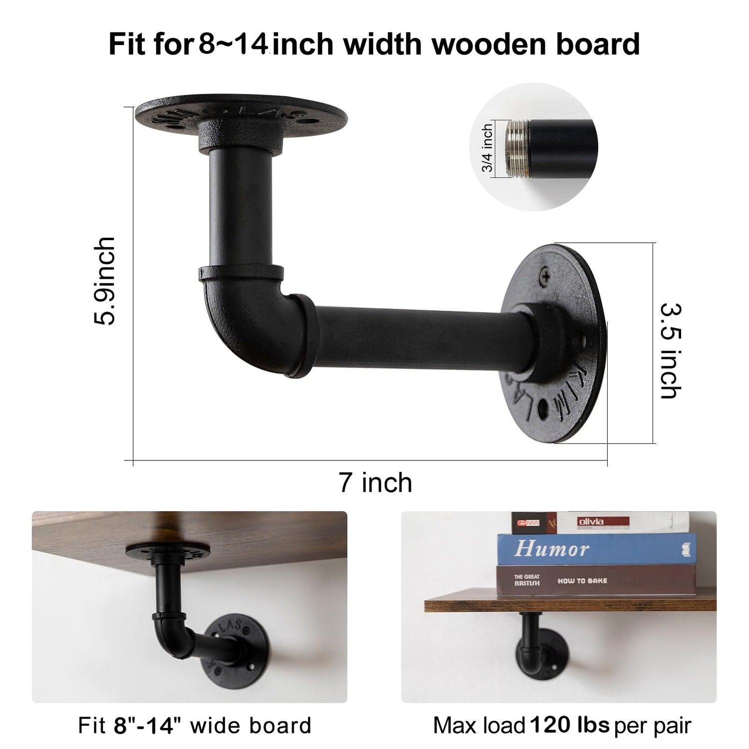 Aunulahca 3/4" Industrial Pipe Shelf Brackets (6 Pack Black) for 10 12 Inches Board, Black Iron Floating Shelf Brackets Heavy Duty Industrial DIY L Aunulahca