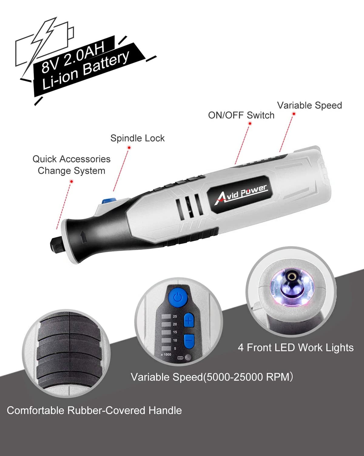 AVID POWER Cordless Rotary Tool 2.0 Ah 8V Rechargeable Rotary Tool, 4 Front LED Lights, 5 Speeds, 60 Pcs Rotary Tool Accessories with Bag for AVID POWER
