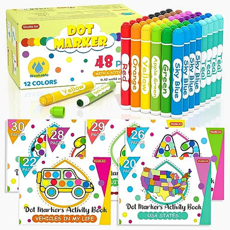 Shuttle Art 48 Pack Washable Dot Markers, 12 Assorted Colors with 6 Activity Books, Fun Art Supplies for Kids Toddlers, Non Toxic Water-Based Paint Shuttle Art