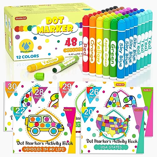 Shuttle Art 48 Pack Washable Dot Markers, 12 Assorted Colors with 6 Activity Books, Fun Art Supplies for Kids Toddlers, Non Toxic Water-Based Paint - WoodArtSupply