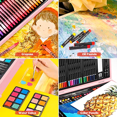 Caliart Pink Art Supplies, 153-Pack Deluxe Wooden Art Set Crafts Drawing Painting Coloring Supplies Kit with 2 A4 Sketch Pads, Halloween Creative Caliart