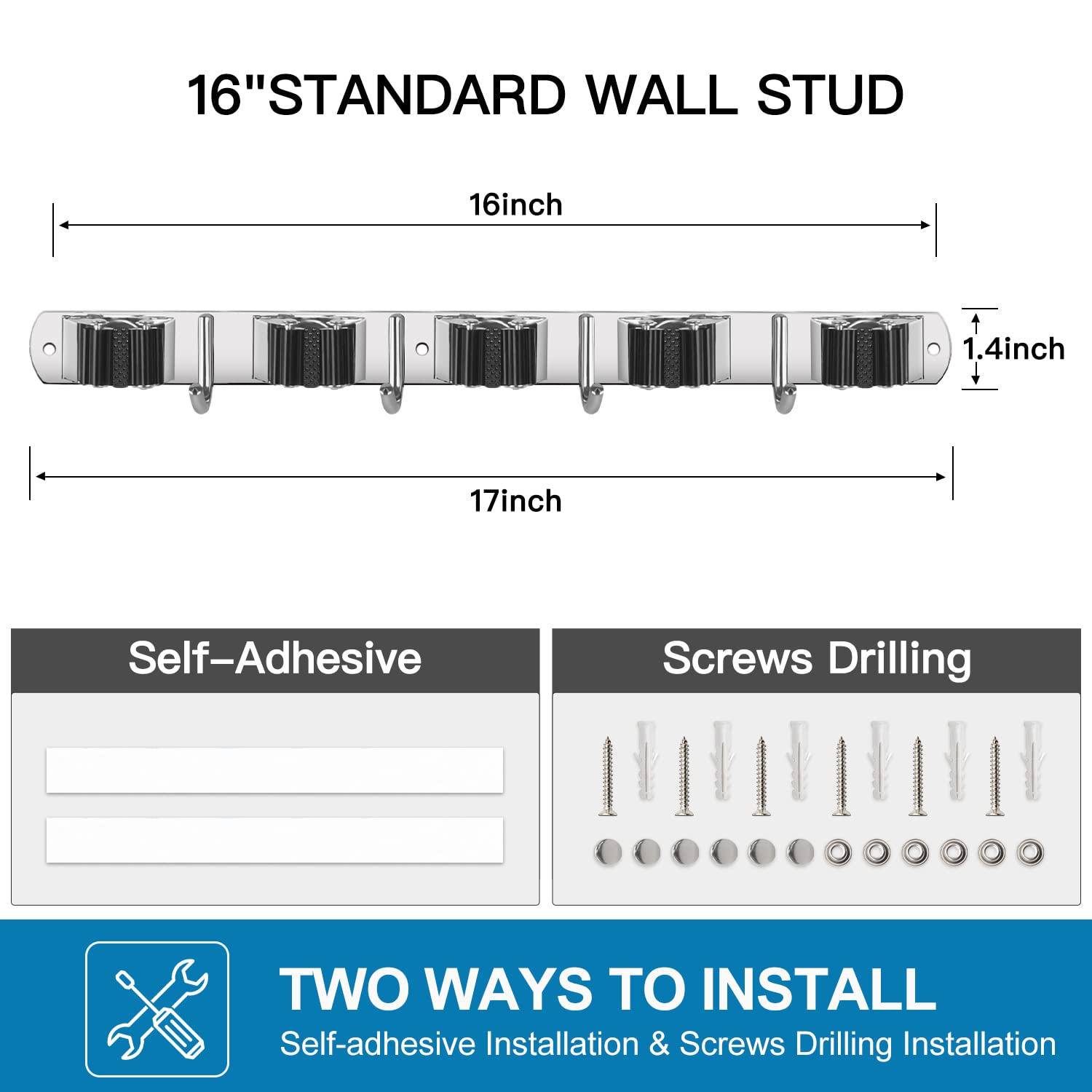 IMILLET 2 Pack Wall Mount Broom Holder Stainless Steel 5 Racks with 4 Hooks Broom Organizer Self Adhesive Heavy Duty Laundry Room, Garage IMILLET