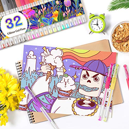 Taotree Glitter Gel Pens, 32 Color Neon Glitter Pens Fine Tip Art Mark ...