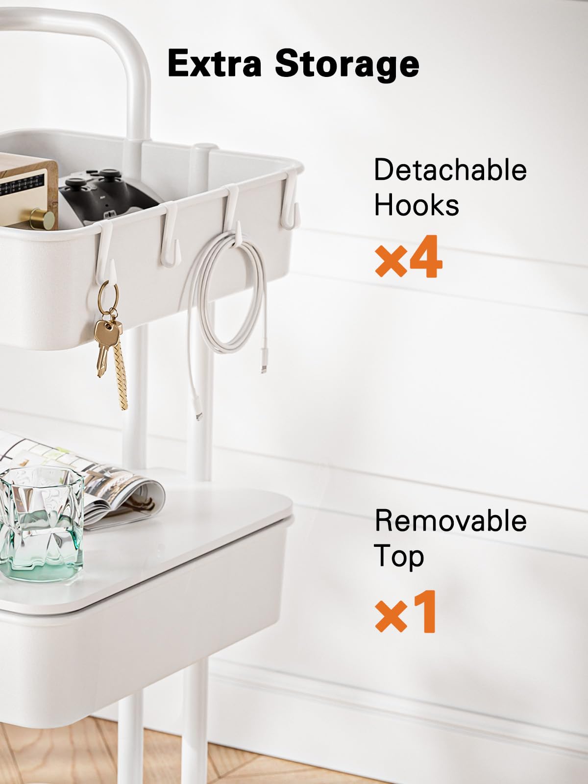 Pipishell 3 Tier Rolling Cart with Table Top, Utility Cart with Wheels & 4 Hooks, Rolling Storage Cart for Home Storage and Organization, White, Pipishell