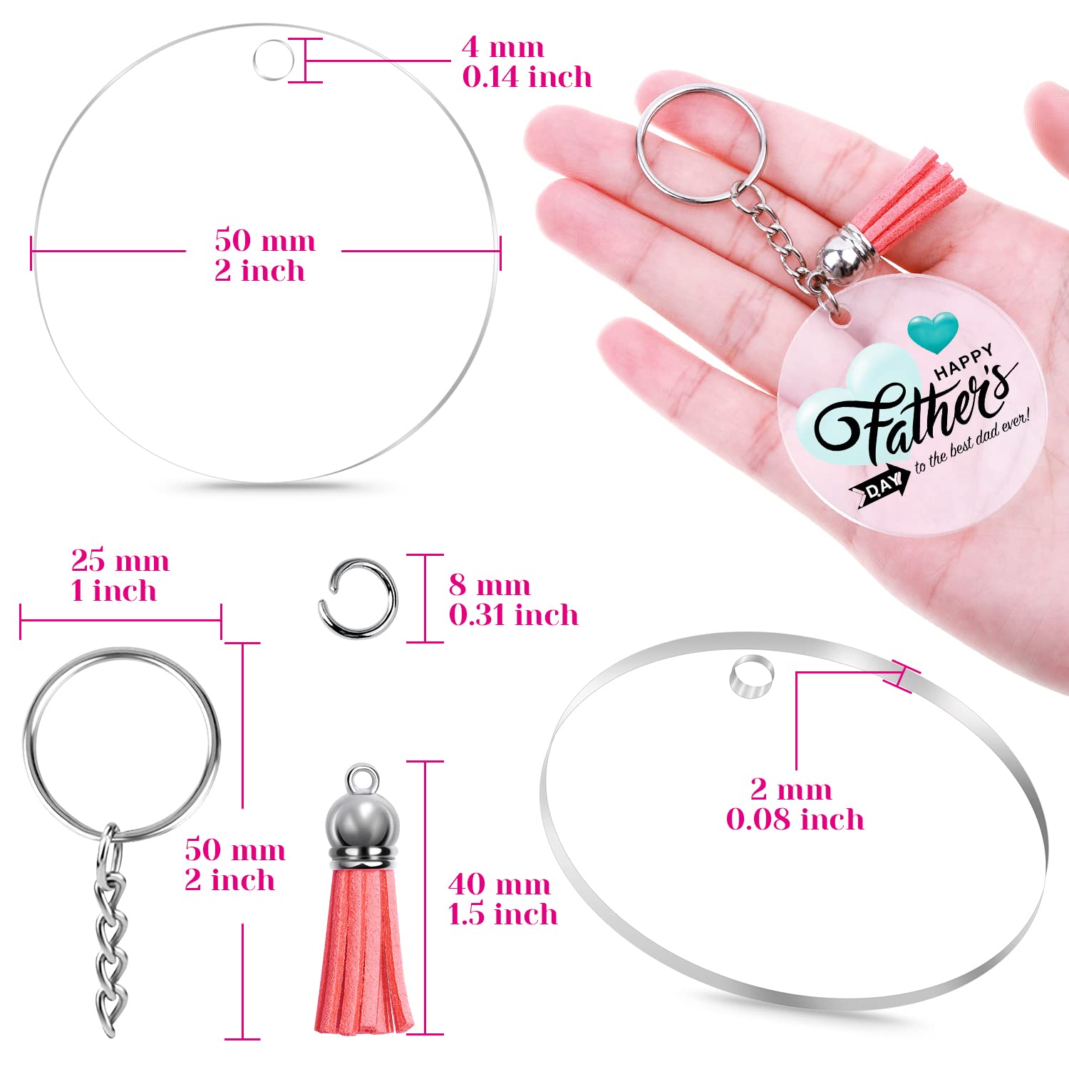 Audab 120pcs Acrylic Keychain Blanks for Vinyl Kit Including 30pcs Clear Acrylic Blanks, 30pcs Keychain Tassels, 30pcs Key Rings and 30pcs Jump Rings Audab