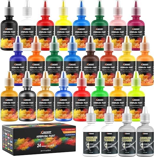 XDOVET 24 Colors Airbrush Paint Set (30 ml/1 oz) with thinner & cleaner, Ready to Spray, Opaque & Neon Colors, Water-Based, Premium Acrylic Airbrush - WoodArtSupply