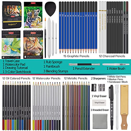 PANDAFLY 80 Pack Drawing Set Sketching Kit, Pro Art Supplies with 3-Color Sketchbook, Watercolor Pad, Colored, Graphite, Charcoal, Metallic Pencil, PANDAFLY