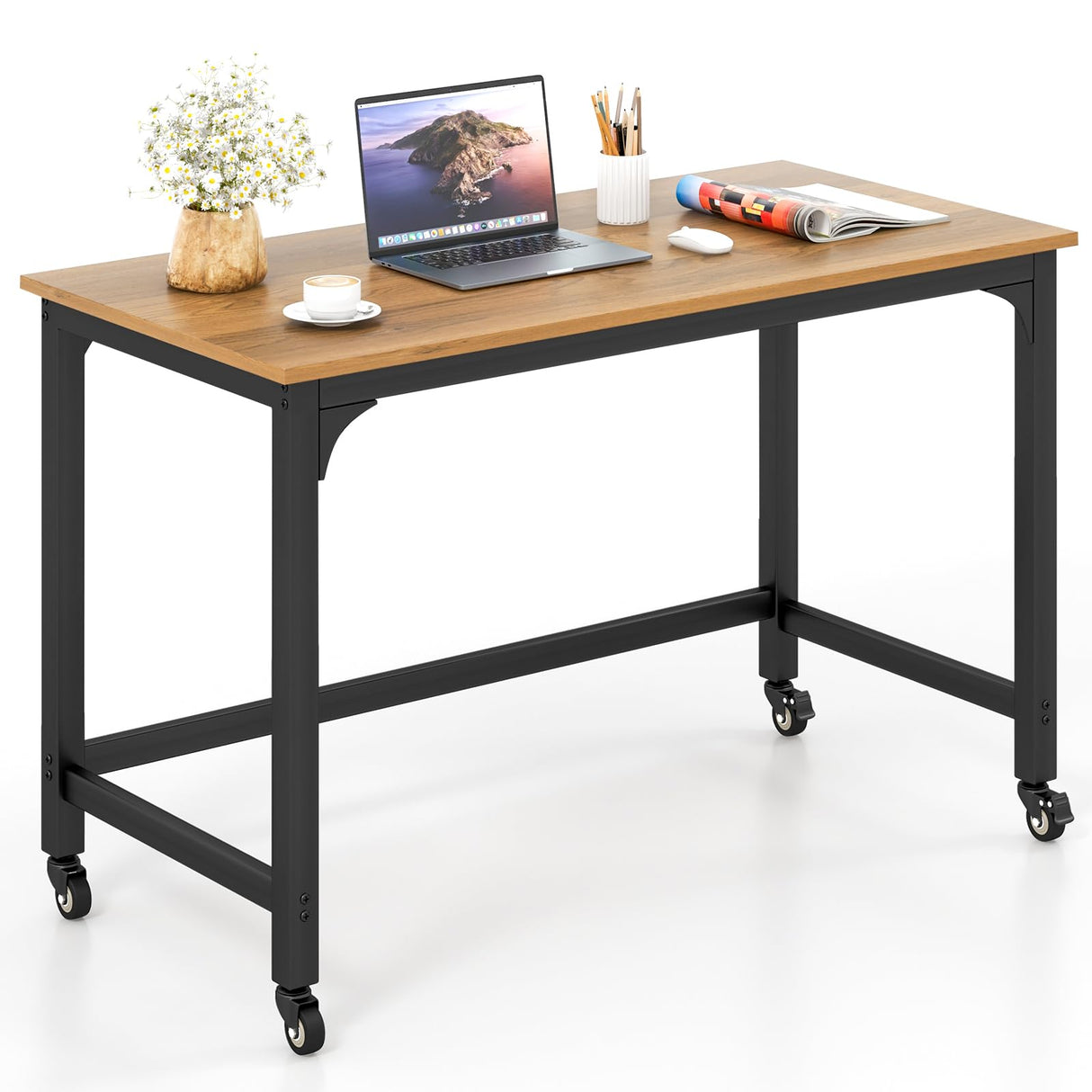 Tangkula 48" Mobile Computer Desk, Rolling Computer Workstation with 4 Smooth Casters, Home Office Writing Desk, Work Bench, Heavy-Duty Metal Frame, Tangkula