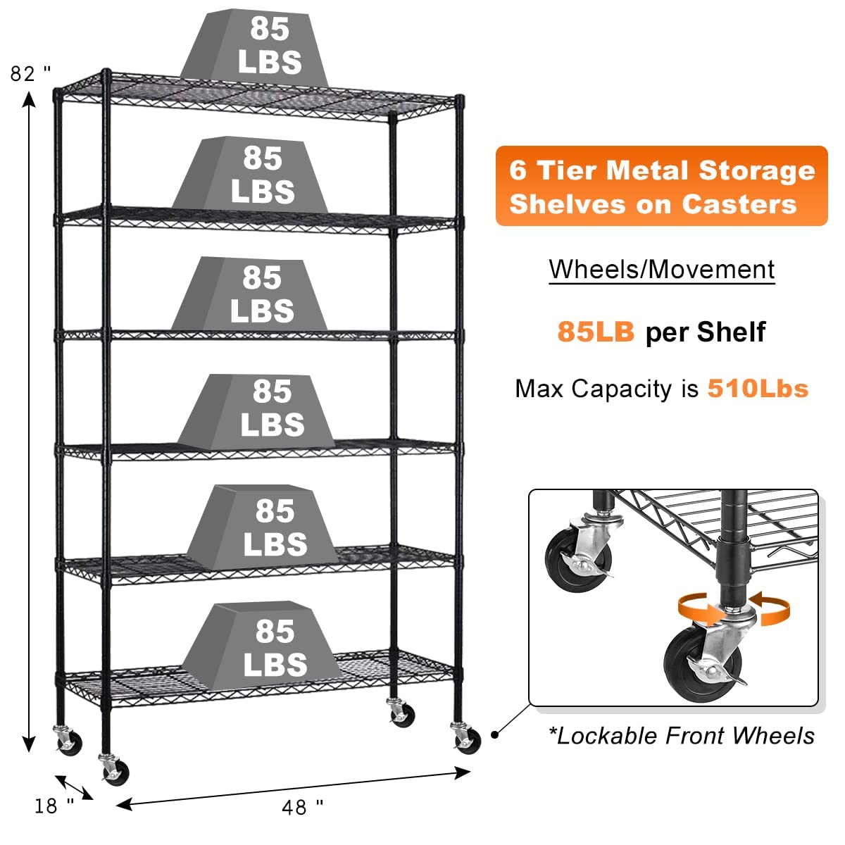 Wire Shelving Unit, Metal , with Wheels 6 Tier 2100lbs 48in L×18in W×82in H Storage Shelves Height Adjustable NSF Heavy Duty Steel Shelf Movable for