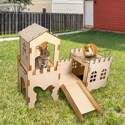 Extra Large Wooden Rabbit Castle Hideaway Tunnel and Bed Small Animal Hideaway Hut Solid Safe Construction Play Hideaway Hut for Rabbit Guinea Pig - WoodArtSupply