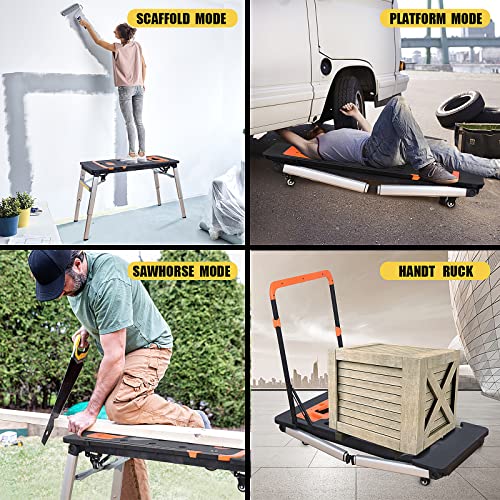 LEADALLWAY 7-in-1 Workbench Folding Painted Work Table as Workbench, Scaffold,Platform,Sawhorse,Car Creeper and Hand Truck with 4 Wheels, Black LEADALLWAY