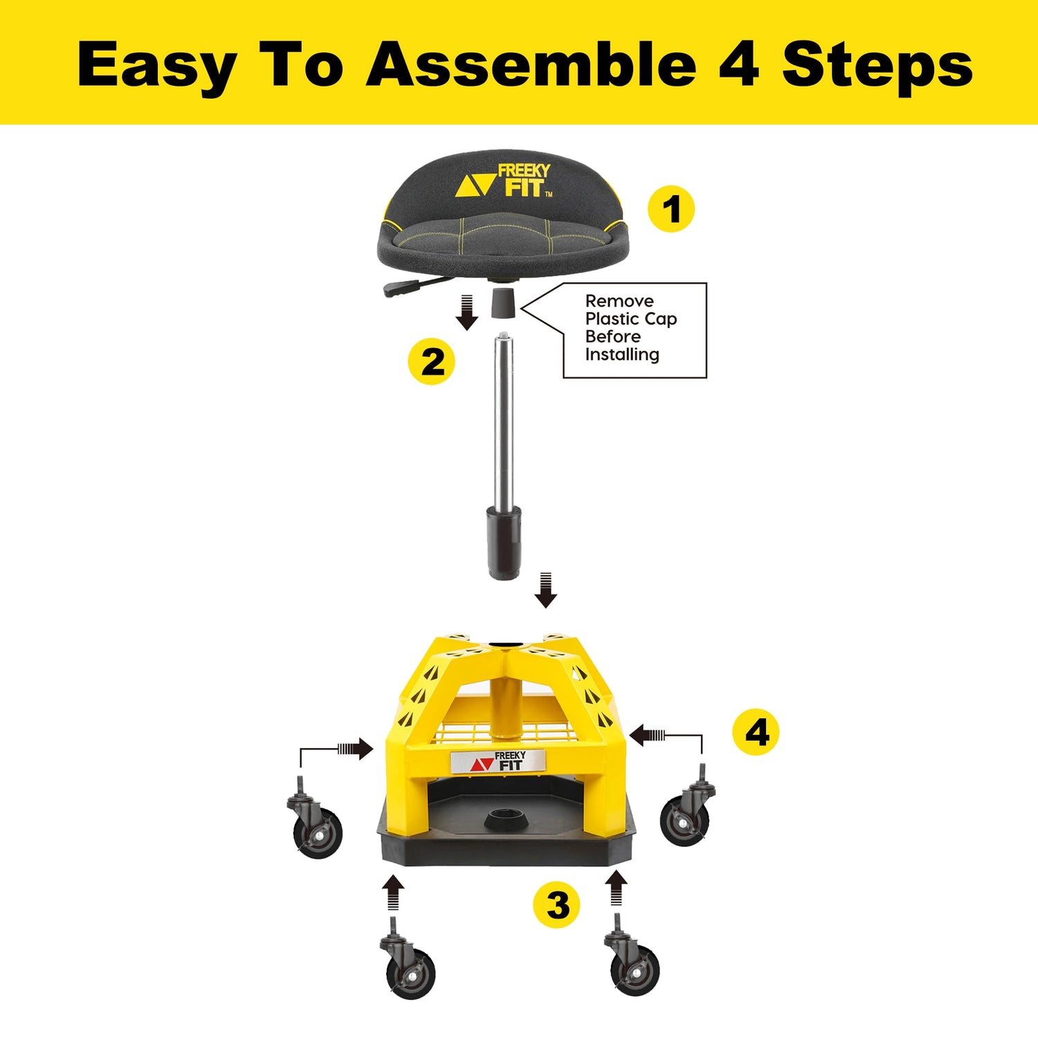 FreekyFit Rolling Shop Stool for Garage with Casters, DO02-Adjustable Height 360° Swivel Shop Seat with Tool Tray Storage, 330 LBS Capacity Padded FreekyFit