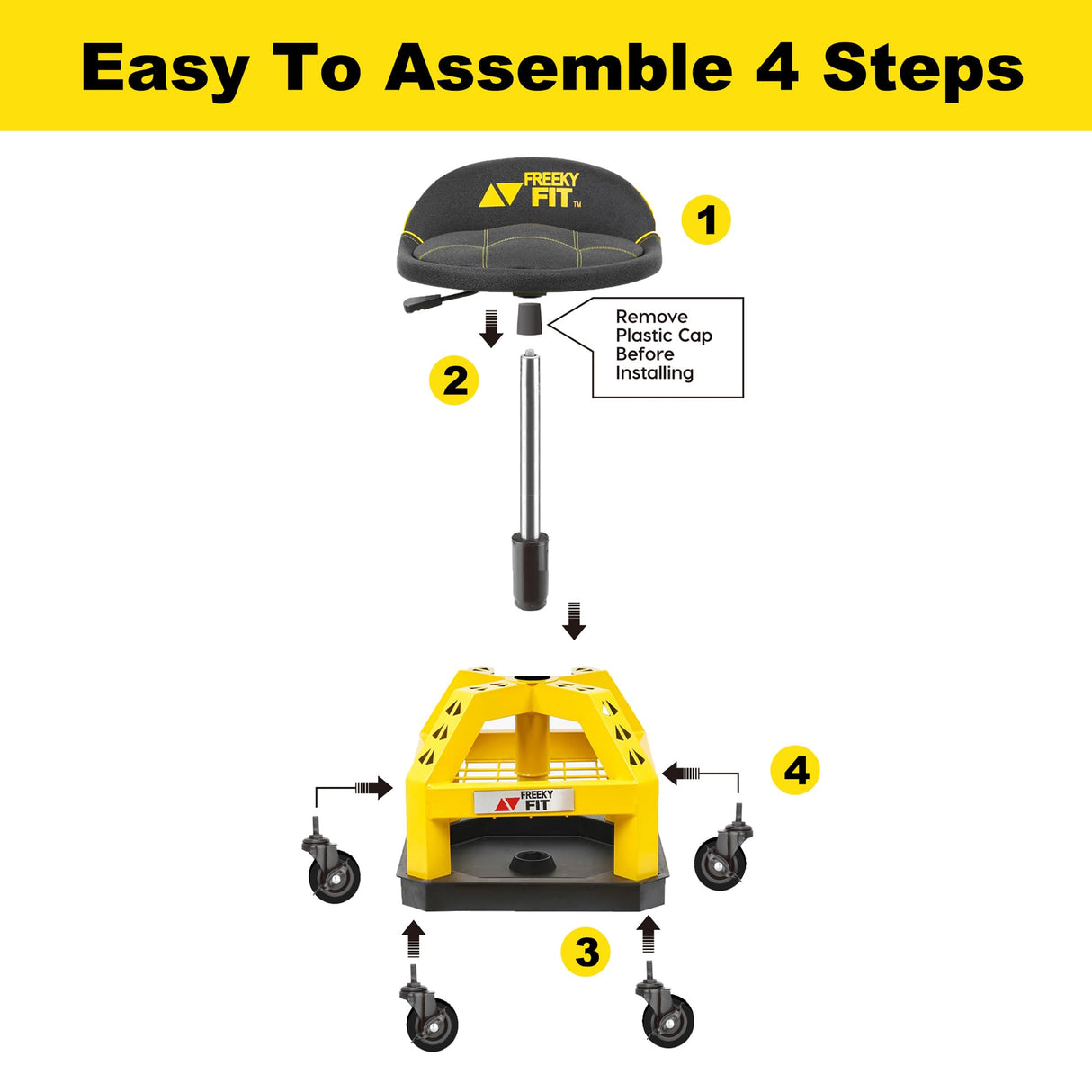 FreekyFit Rolling Shop Stool for Garage with Casters, DO02-Adjustable Height 360° Swivel Shop Seat with Tool Tray Storage, 330 LBS Capacity Padded FreekyFit