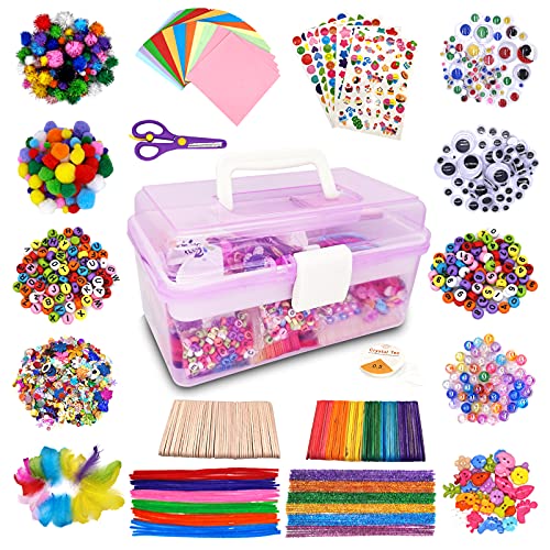 Irichna 1000+ Pcs Art and Craft Supplies for Kids, Toddler DIY Craft Art Supply Set Included Pom Poms, Pipe Cleaners, Feather, Folding Storage Box - - WoodArtSupply