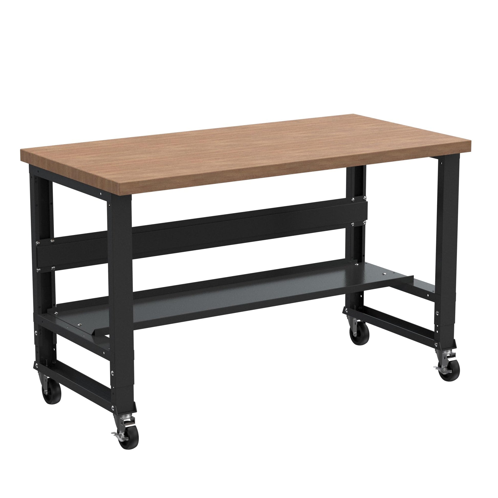 Borroughs Adjustable Height Heavy Duty Workbench with Casters and Bottom Shelf, Solid Hardwood Top, Commercial Grade, 16-Gauge Steel Legs, 30 in. x - WoodArtSupply