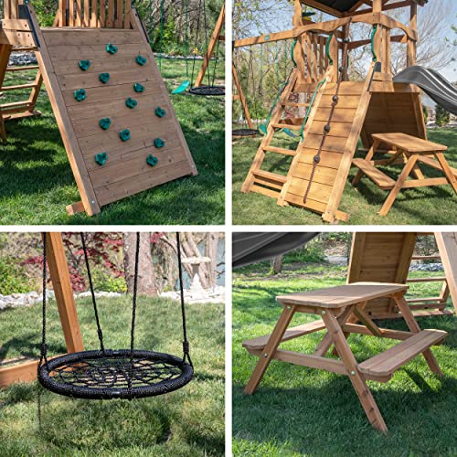 Backyard Discovery Endeavor II All Cedar Wood Swing Set Playset for Backyard with Gray Wave Slide Climbing Wall with Rope Picnic Table Double Wide Backyard Discovery