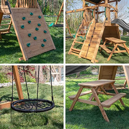 Backyard Discovery Endeavor II All Cedar Wood Swing Set Playset for Backyard with Gray Wave Slide Climbing Wall with Rope Picnic Table Double Wide - WoodArtSupply