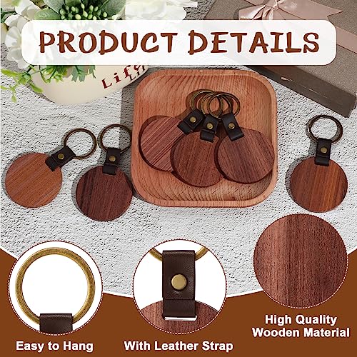 Ecally 48 Pcs Wooden Keychain Blanks Leather Strap Wood Keychain Blanks Round Wood Keyring with for DIY Employee Coworker Gift Craft Ecally