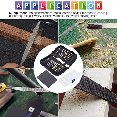 Glarks 18Pcs Assorted Wood Rasp Set Include 12Pcs Mini Hand Metal Files, A Brush and Storage Box with 4Pcs Sandpaper for Fixing Jewelers Diamond Wood Glarks